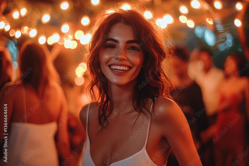 Aufkleber smiling woman enjoying celebration with string lights at evening gathering