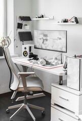 Modern digital lifestyle captured in high-tech workspace, sleek devices, smart accessories enable...