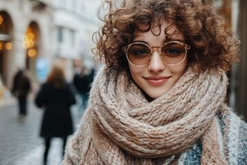 Young woman with curly hair smiling in a cozy scarf on a busy city street during winter