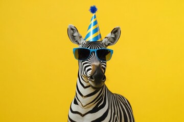 Zebra wearing party hat and sunglasses celebrates in front of bright yellow background at a joyful event