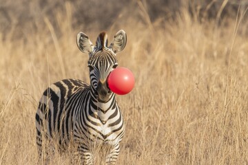Zebra playfully interacting with a red ball in a grassy savanna landscape under a clear sky