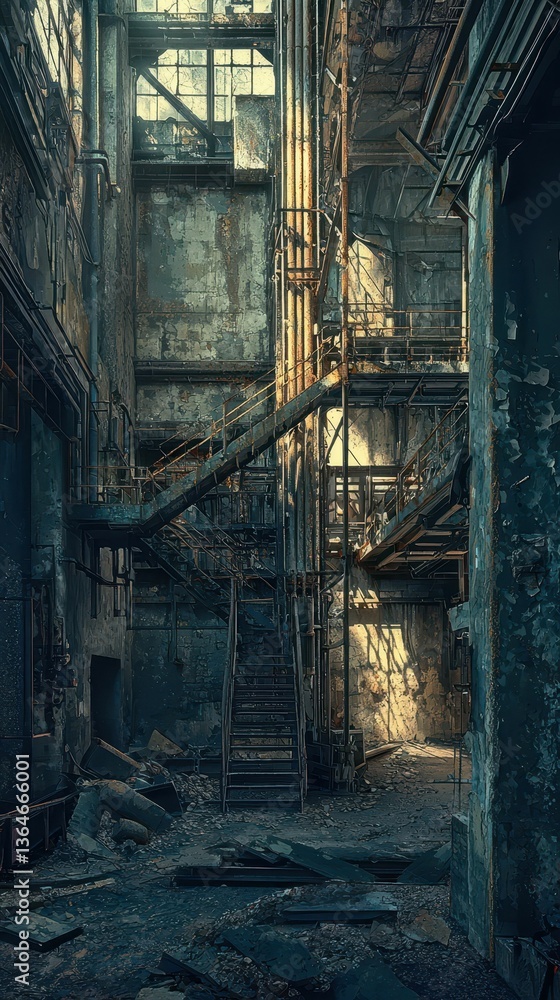 Poster crumbling industrial structure with fragmented elements and shadows