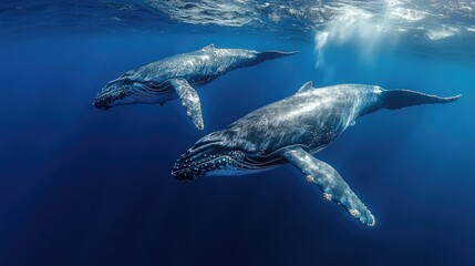 Naklejka premium A spectacular leap above the deep blue ocean under a sunny sky was synchronized by a lively pod of whales.