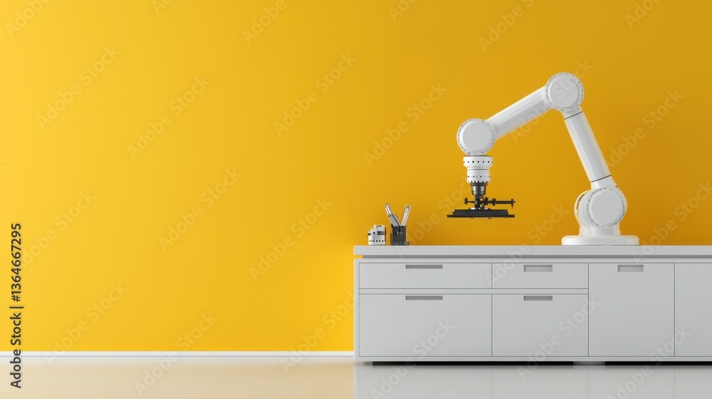 Poster robotic arm on a yellow background demonstrating the capabilities of modern industrial automation te