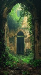 Obraz premium Crumbling Urban Relic Surrounded by Nature in Wasteland Environment