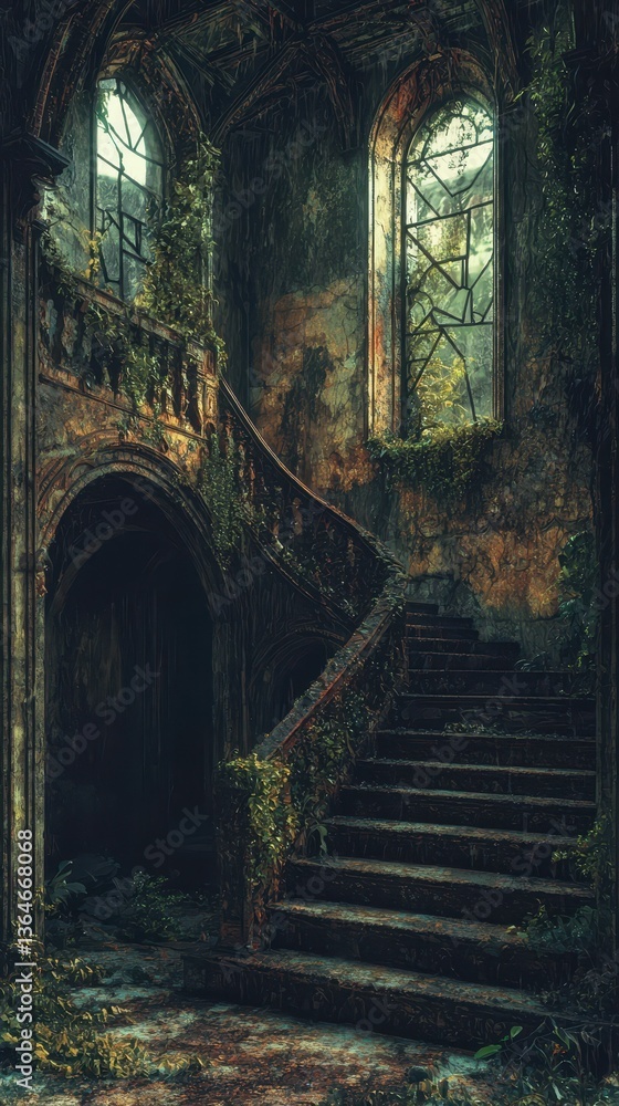 Poster crumbling relic with surreal painterly style in abandoned architecture
