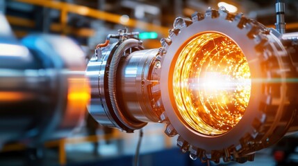 Fototapeta premium Closeup view of intricately designed mechanical gears cogs and other industrial equipment components in a high tech futuristic factory or workshop setting