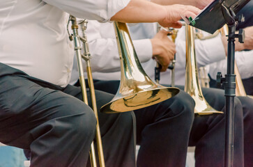 ands and trumpets of symphony orchestra musicians close up © Sofiia