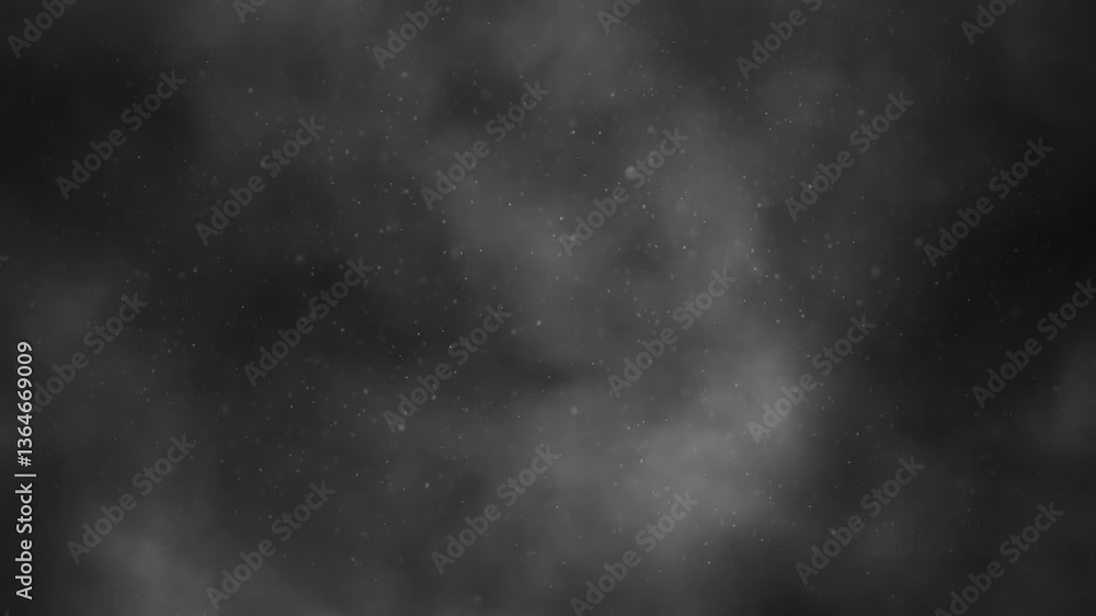 Poster flying dot particles on loop dark smoke animation background.