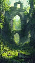 Abandoned Ruins Overrun by Nature with Wild Vines and Lush Greenery