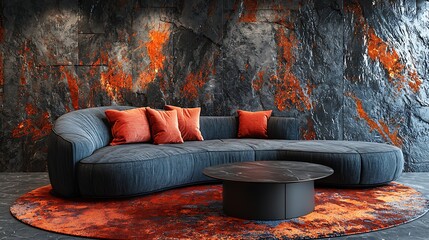 Modern Curved Sofa with Orange Pillows and Stone Wall