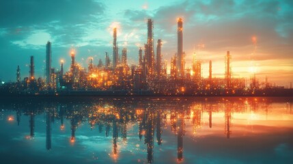 Obraz premium Vibrant industrial refinery at dusk with reflective water and glowing lights