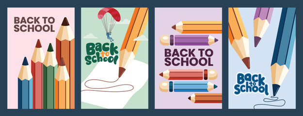 Back to school clipart poster set. School greeting template clip art collection with colorful color pencil educational supplies and items vector illustration.    
