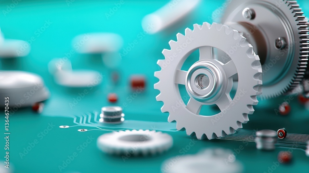 Poster close up view of metallic industrial gears and cogwheels in a complex mechanism representing enginee
