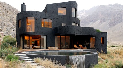 Modern Dark House Mountain View Infinity Pool