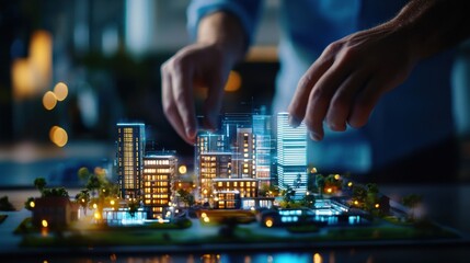 Obraz premium Illuminated Miniature City Model Showcasing Futuristic Urban Skyline and Architectural Development Digital rendering of a modern metropolitan area with high rise buildings skyscrapers