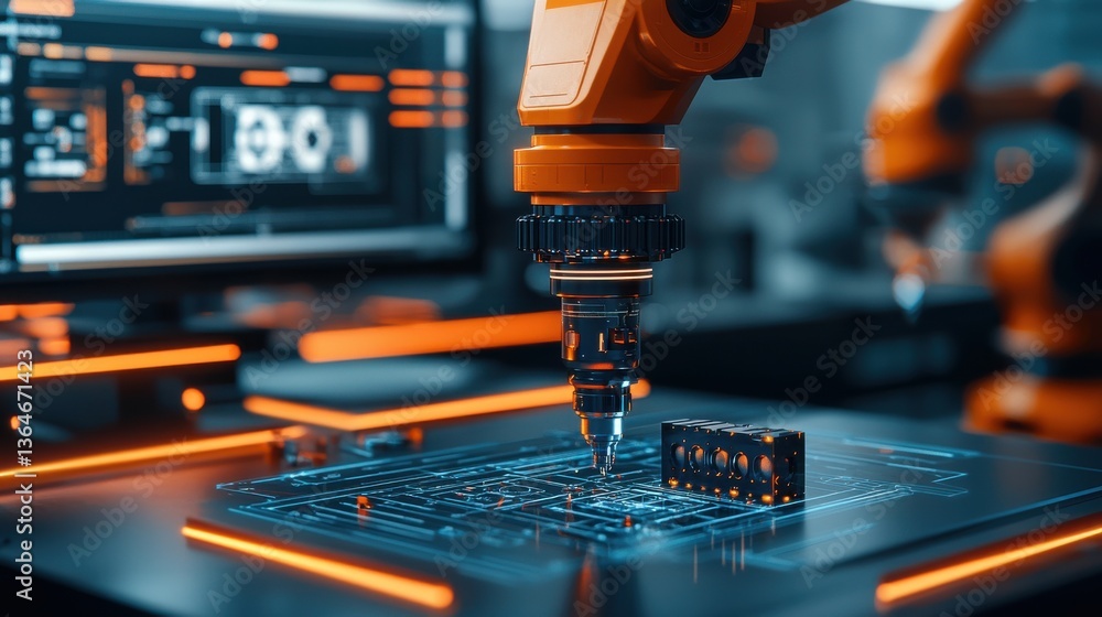 Poster close up view of a robotic arm soldering an electronic circuit board in a high tech automated manufa