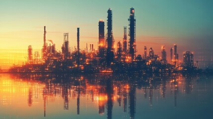 Obraz premium Illuminated industrial skyline at sunset reflected in water