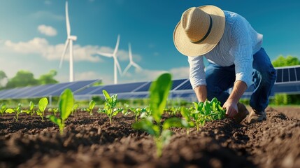A farmer tends to young plants in a field with solar panels and wind turbines, representing sustainable agriculture and renewable energy, Green Technology.