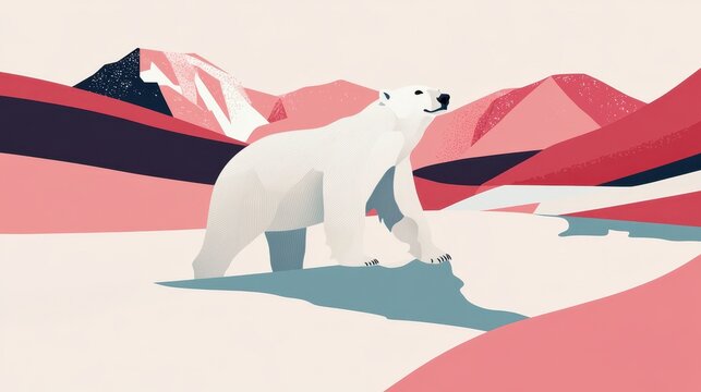 Polar Bear Arctic Landscape with Wildlife Art, and Minimalist.