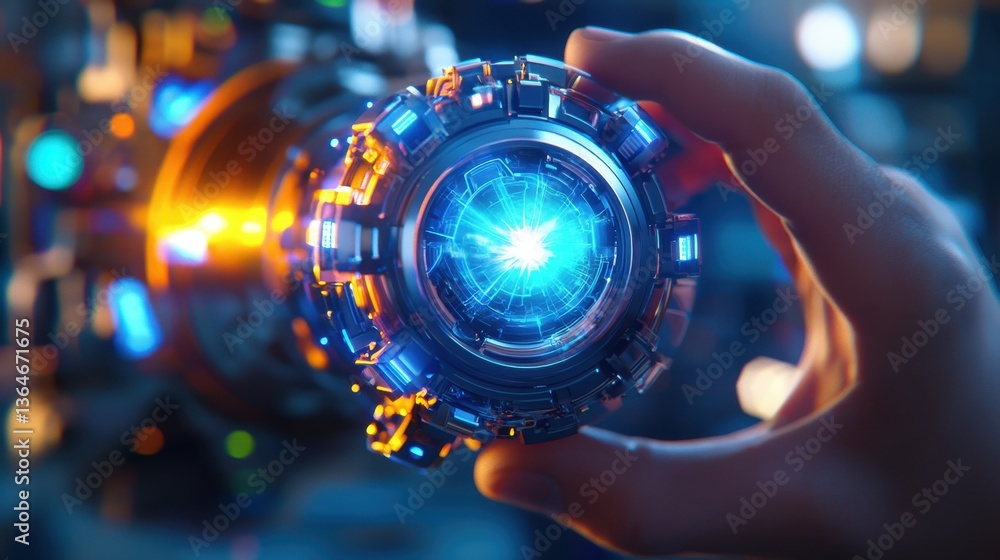 Aufkleber closeup of a futuristic high tech digital device or gadget glowing with intricate illuminated techno