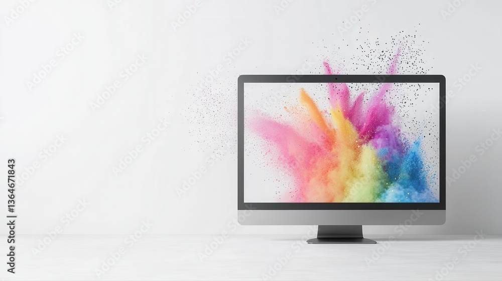 Poster colorful digital art exploding from computer screen against white background. vibrant and creative c