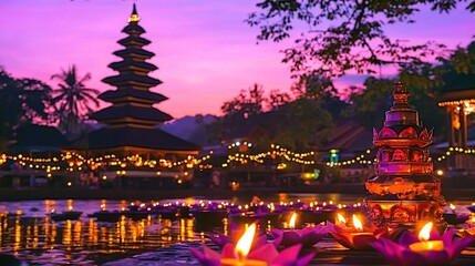 Fototapeta premium Balinese Temple Sunset Festival Floating Candles