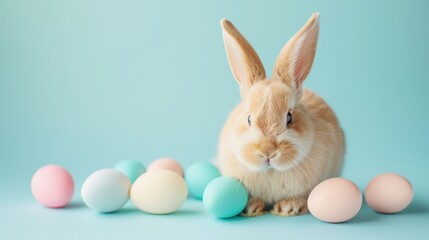 A rabbit is sitting in front of a bunch of eggs