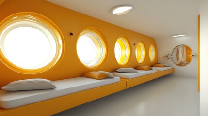 Modern interior design with yellow walls, circular windows, and built-in seating.