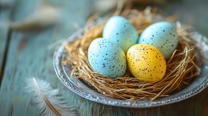 Obraz premium A nest of eggs with one yellow and three blue eggs