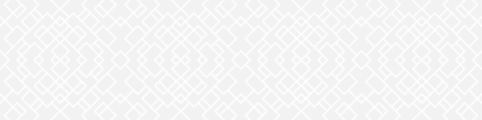 Seamless fashion pattern of squares and lines, geometric white figures for textile and wallpaper. Abstract panoramic ornament on gray background for New Year or wedding cover or postcard.