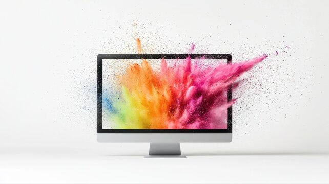 Colorful explosion emerging from computer screen, symbolizing creativity and digital art concept.