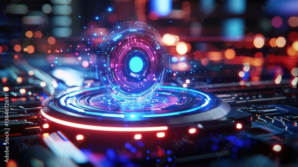 Poster futuristic holographic energy sphere visualization with dynamic motion and geometric patterns agains