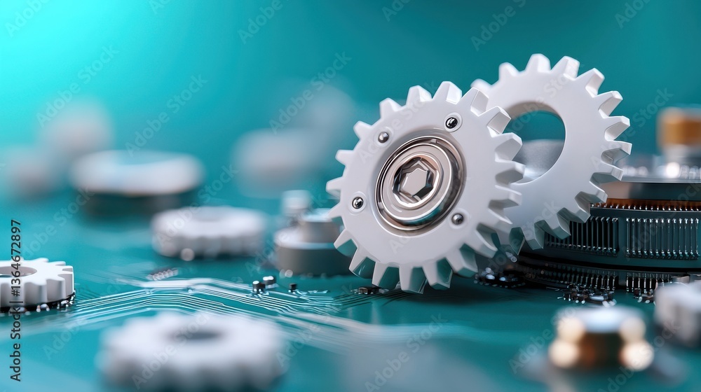 Poster closeup of a complex arrangement of intricate gears cogs and metal components showcasing the precisi