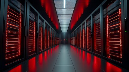 Modern Data Center Server Room Red Lighting Technology