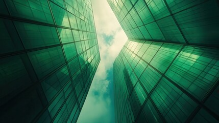 Obraz premium Modern green glass skyscrapers reflecting sky in urban cityscape