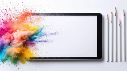 Colorful splash emerging from tablet with aligned pencils, symbolizing creativity and digital art integration.
