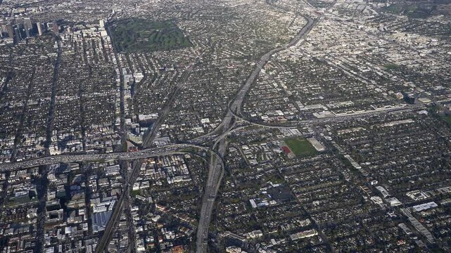 Aerial view of rush hour traffic at the I-405 & I-10 Interchange in Los Angeles, California