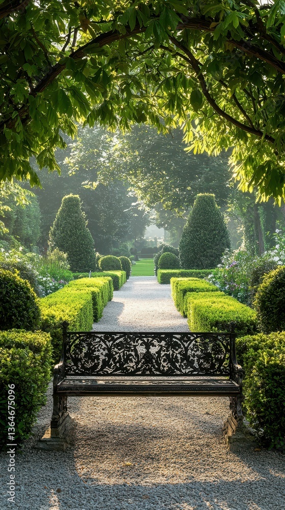Poster elegant bench in a formal garden with symmetrical design elements