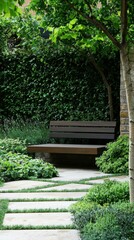 Fototapeta premium Elegant Contemporary Bench in a Serene Garden Setting