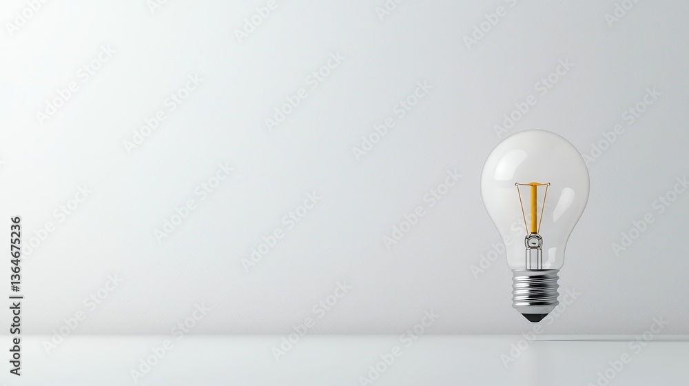 Poster a single illuminated light bulb standing on a plain minimalist background representing creativity in