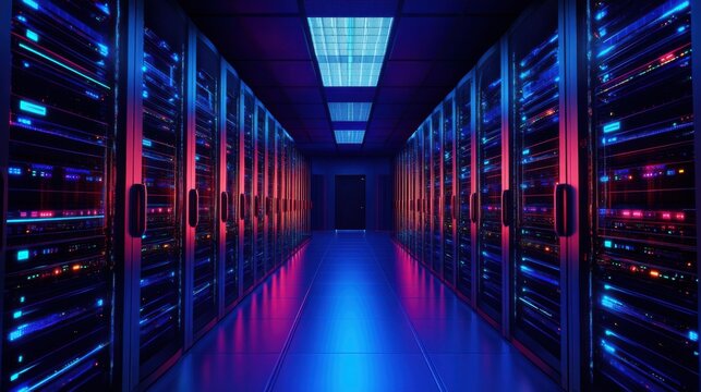A supercomputer server room with glowing LED racks, dark ambiance with blue and red lights, Cybersecurity style