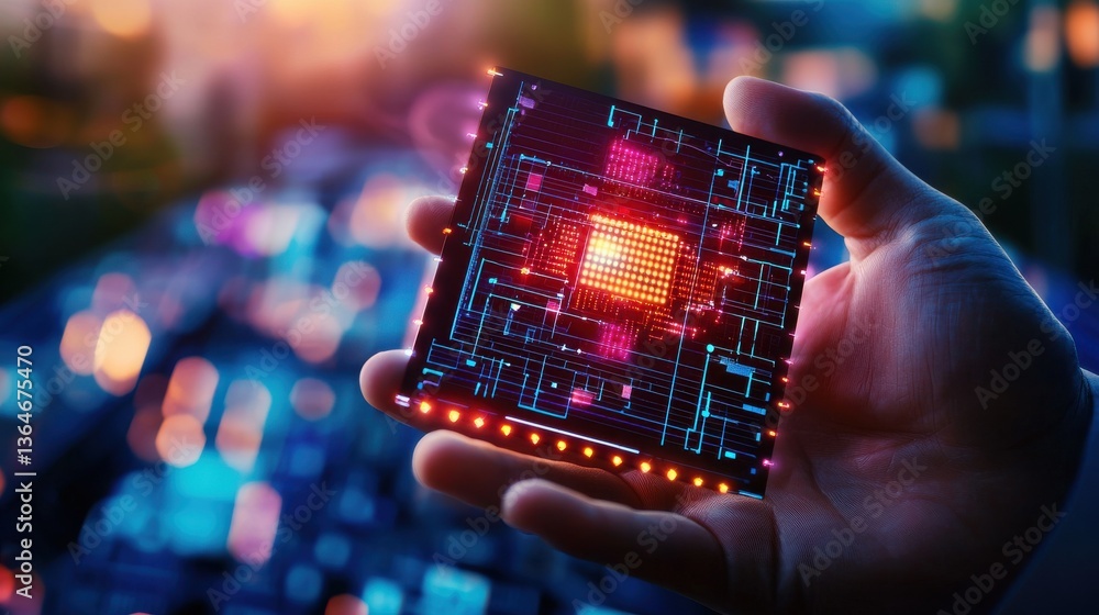Poster glowing futuristic circuit board with microchips and electricity in a dark high tech environment abs
