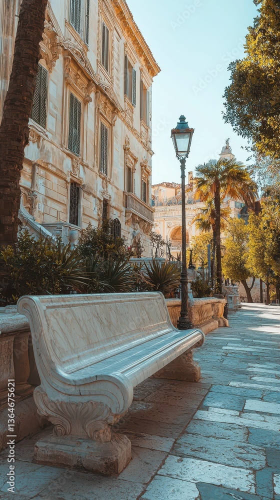 Poster elegant marble bench in classical european architecture setting