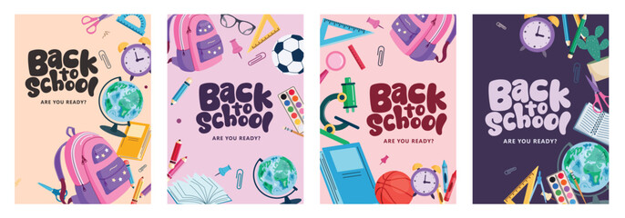 Back to school clipart poster set. Educational greeting clip art collection with drawing material, supplies, items and colorful elements banners vector illustration. 
