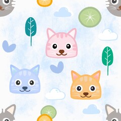 Seamless pattern, Children's fabric patterns include drawings of cats, leaves, orange, lemon in a lively, imaginative