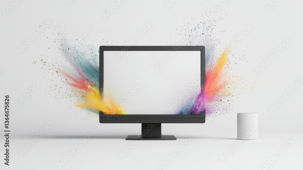 Poster creative splash of vibrant colors erupting from a computer screen on a minimalistic white background