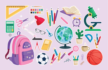 School elements sticker clipart set. Back to school educational outline clip art collection for stationery items, sign and symbol drawing icons vector illustration. 
