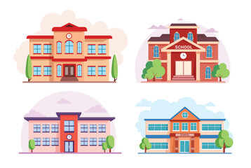 Fototapeta premium School university building clipart set. Classroom drawing icon colorful clip art for student and pupils learning college building educational elements collection vector illustration. 