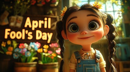 Naklejka premium 3D Cartoon Adorable Girl with Big Eyes and Pigtails Wearing Denim Overalls Standing in Front of 